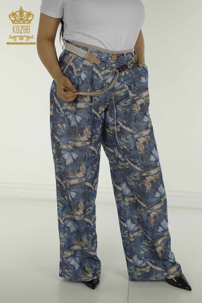 L&B - Toptan Kadın Pantolon Renkli Desenli Mavi - 2415-13645 | L&B (1)