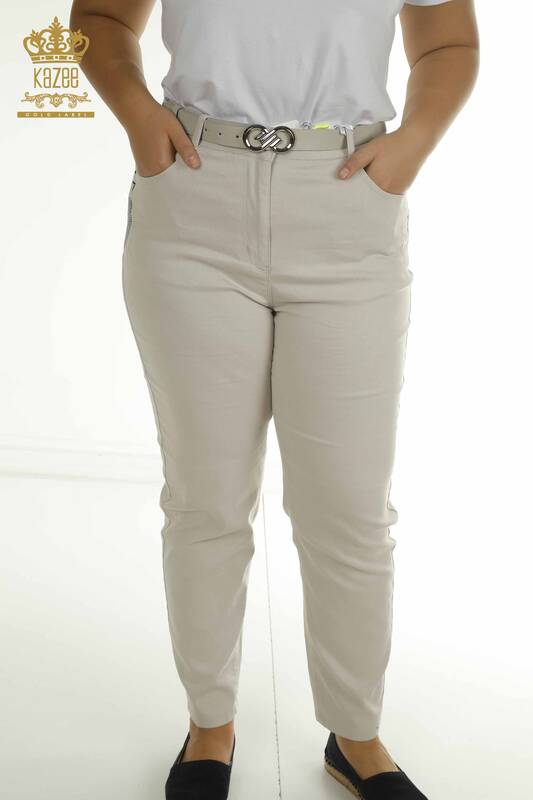 Toptan Kadın Pantolon Taş İşlemeli Bej - 2406-4545 | M