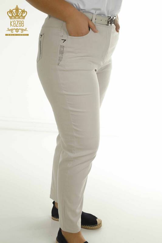 Toptan Kadın Pantolon Taş İşlemeli Bej - 2406-4545 | M