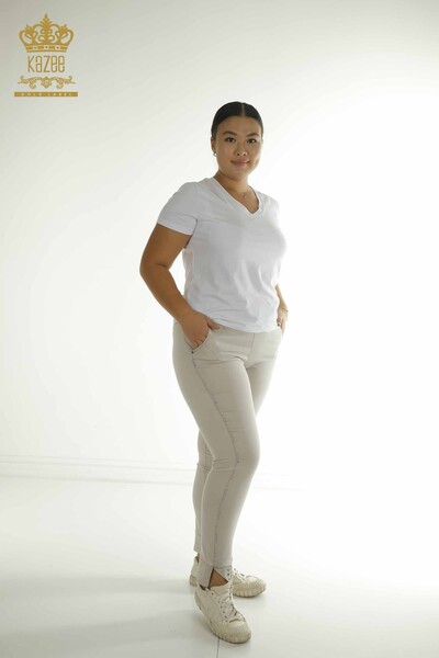 G - Toptan Kadın Pantolon Taş İşlemeli Bej - 2410-4041 | G