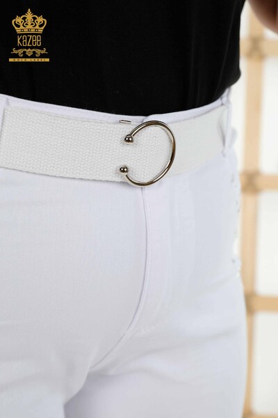 Toptan Kadın Pantolon Taş İşlemeli Beyaz - 3689 | KAZEE - Thumbnail
