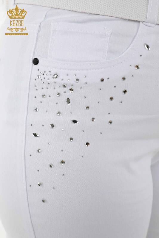 Toptan Kadın Pantolon Taş İşlemeli Beyaz - 3689 | KAZEE
