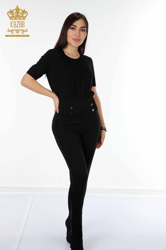 Toptan Kadın Pantolon Taş İşlemeli Düğmeli Siyah - 3479 | KAZEE