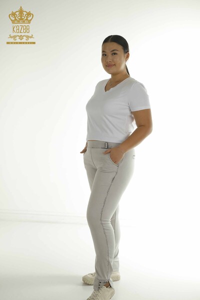 G - Toptan Kadın Pantolon Taş İşlemeli Gri - 2410-4041 | G