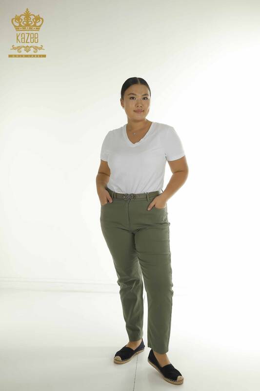 Toptan Kadın Pantolon Taş İşlemeli Haki - 2406-4545 | M