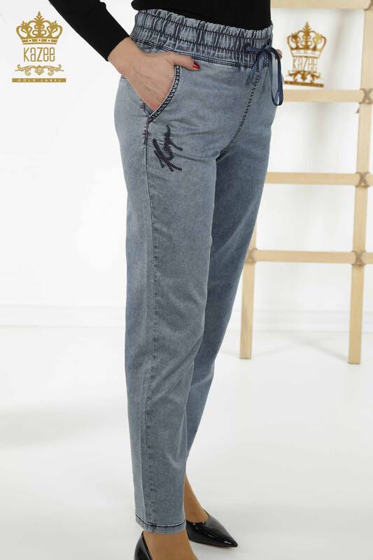 Toptan Kadın Pantolon Taş İşlemeli Lacivert - 3674 | KAZEE