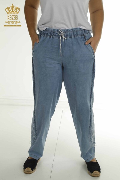 Toptan Kadın Pantolon Taş İşlemeli Mavi - 2410-4036 | G - Thumbnail (2)