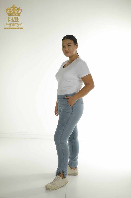 Toptan Kadın Pantolon Taş İşlemeli Mavi - 2410-4041 | G