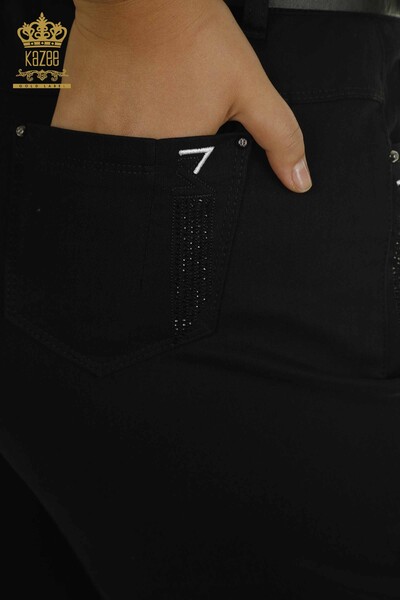 Toptan Kadın Pantolon Taş İşlemeli Siyah - 2406-4545 | M - Thumbnail