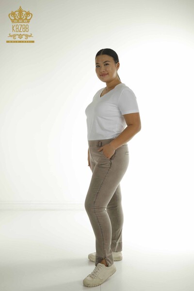 G - Toptan Kadın Pantolon Taş İşlemeli Vizon - 2410-4041 | G