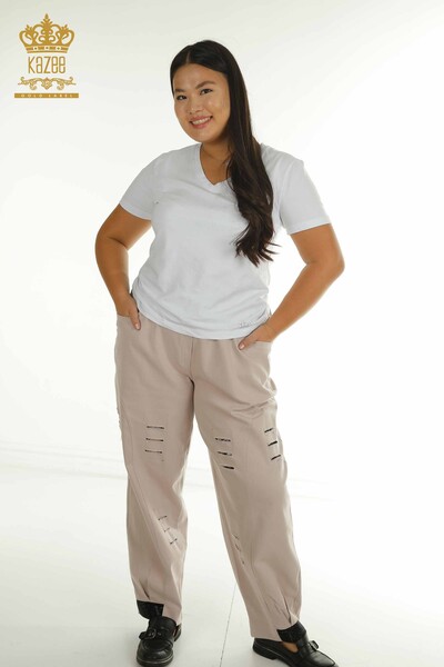Toptan Kadın Pantolon Taşlı Bej - 2410-4029 | G - Thumbnail