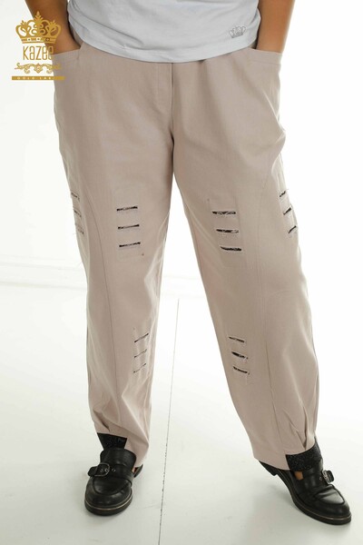 G - Toptan Kadın Pantolon Taşlı Bej - 2410-4029 | G (1)