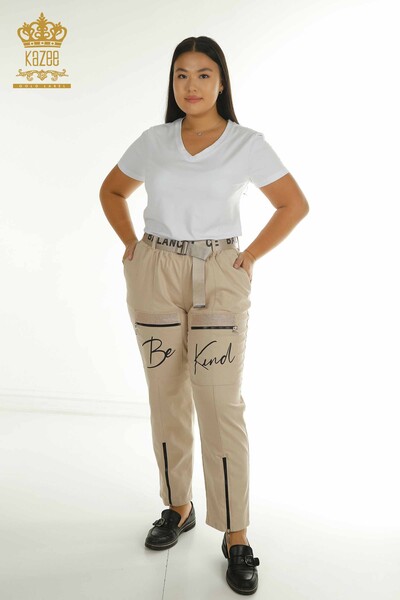 G - Toptan Kadın Pantolon Yazı Detaylı Bej - 2410-4048 | G