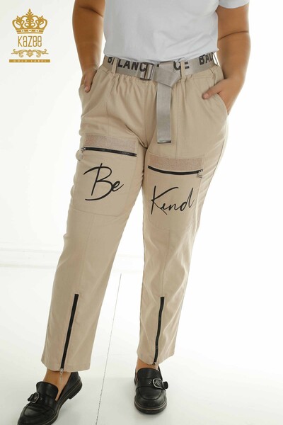 Toptan Kadın Pantolon Yazı Detaylı Bej - 2410-4048 | G - Thumbnail