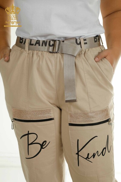Toptan Kadın Pantolon Yazı Detaylı Bej - 2410-4048 | G - Thumbnail