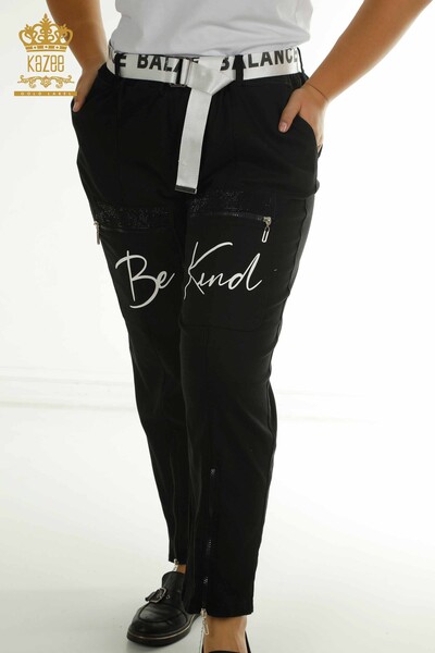 G - Toptan Kadın Pantolon Yazı Detaylı Siyah Beyaz - 2410-4048 | G (1)