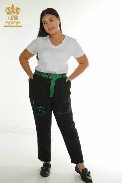 Toptan Kadın Pantolon Yazı Detaylı Siyah Yeşil - 2410-4048 | G - Thumbnail