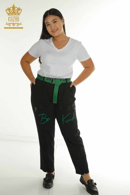 Toptan Kadın Pantolon Yazı Detaylı Siyah Yeşil - 2410-4048 | G