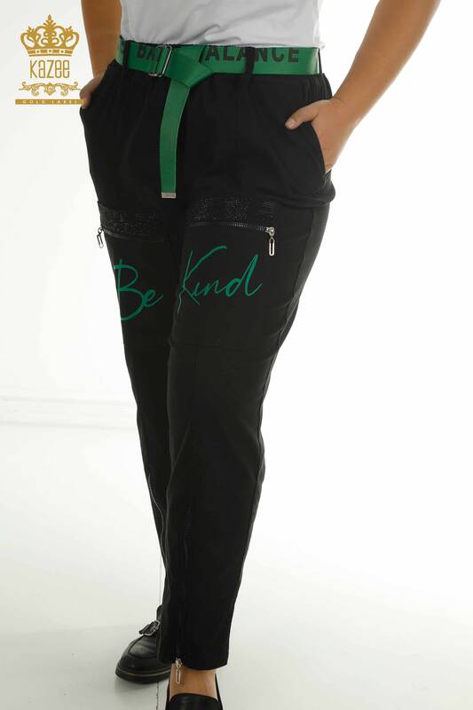 Toptan Kadın Pantolon Yazı Detaylı Siyah Yeşil - 2410-4048 | G