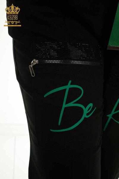 Toptan Kadın Pantolon Yazı Detaylı Siyah Yeşil - 2410-4048 | G - Thumbnail