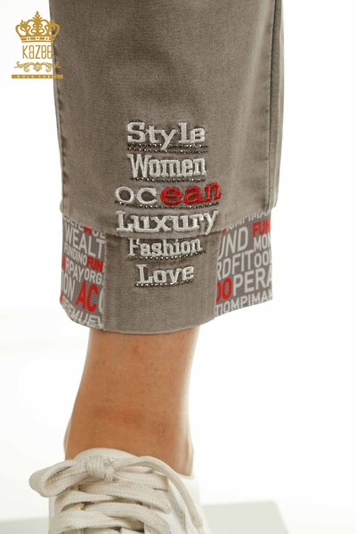 Toptan Kadın Pantolon Yazılı Vizon - 2411-3101 | O - Thumbnail