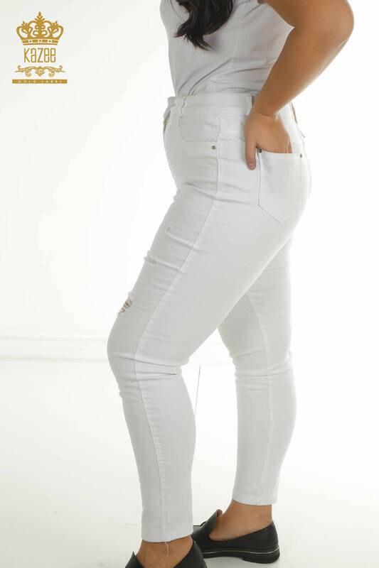 Toptan Kadın Pantolon Yırtık Detaylı Beyaz - 2412-0330 | M&N