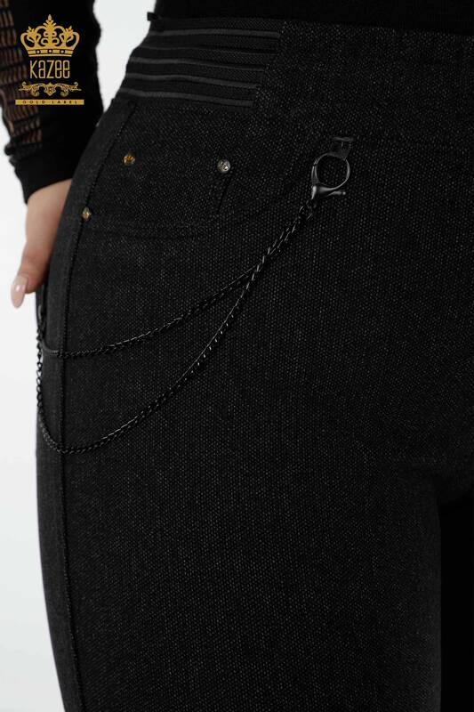 Toptan Kadın Pantolon Zincir Detaylı Siyah - 3666 | KAZEE
