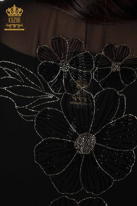 Toptan Kadın Pareo Çiçek Desenli Siyah - 7760 | KAZEE