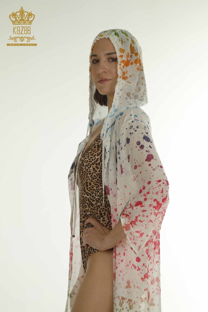 Toptan Kadın Pareo Renkli Desenli Ekru - 7769 | KAZEE - 5