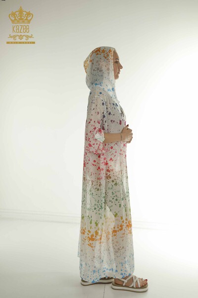 Toptan Kadın Pareo Renkli Desenli Ekru - 7769 | KAZEE - 6