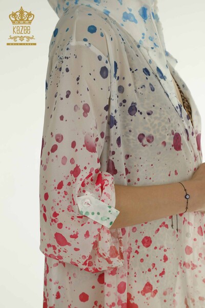 Toptan Kadın Pareo Renkli Desenli Ekru - 7769 | KAZEE - 7