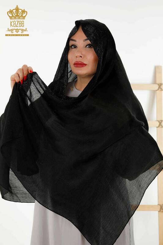 Toptan Kadın Şal Kristal Taş İşlemeli Siyah - 552 | KAZEE