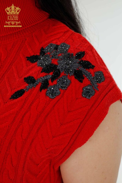 Toptan Kadın Süveter Çiçek Desenli Kırmızı - 30179 | KAZEE - Thumbnail