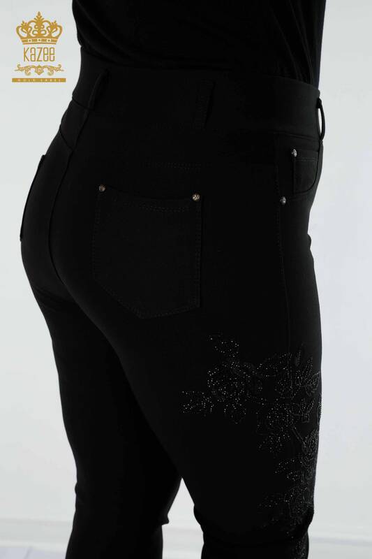 Toptan Kadın Tayt Pantolon Çiçek Desenli Siyah - 3620 | KAZEE