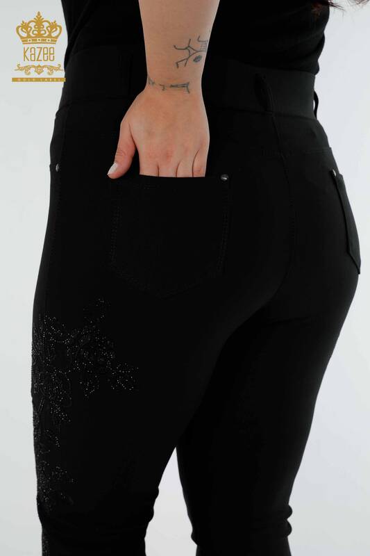 Toptan Kadın Tayt Pantolon Çiçek Desenli Siyah - 3620 | KAZEE