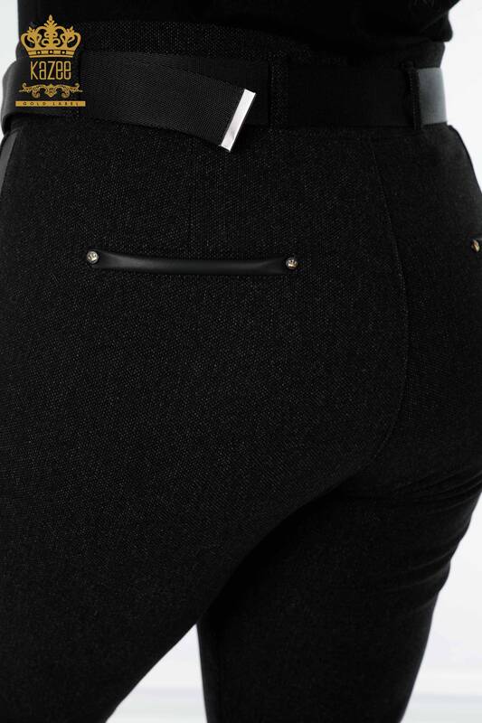 Toptan Kadın Tayt Pantolon Deri Kemerli Siyah - 3658 | KAZEE