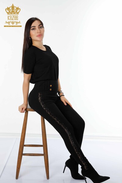 Toptan Kadın Tayt Pantolon Düğmeli Siyah - 3426 | KAZEE - Thumbnail