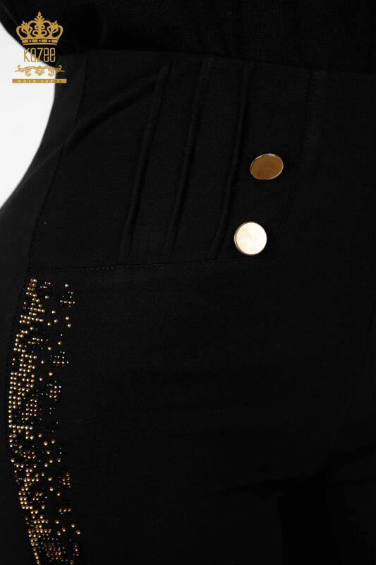 Toptan Kadın Tayt Pantolon Düğmeli Siyah - 3426 | KAZEE