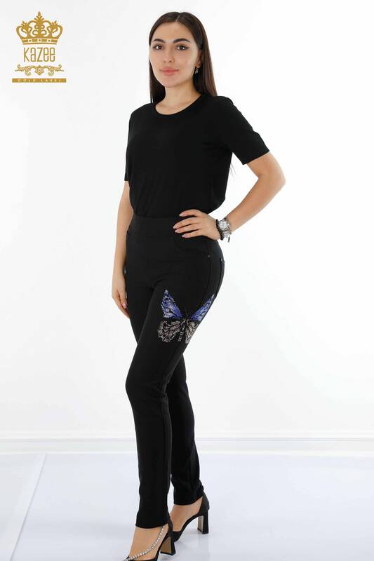 Toptan Kadın Tayt Pantolon Kelebek Desenli Siyah - 3582 | KAZEE