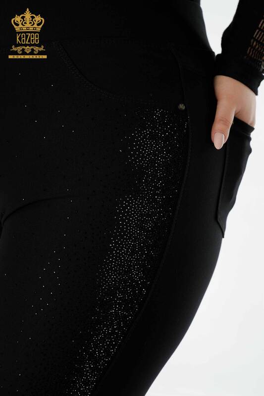 Toptan Kadın Tayt Pantolon Kristal Taş İşlemeli Siyah - 3602 | KAZEE