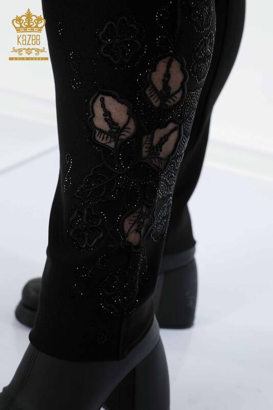 Toptan Kadın Tayt Pantolon Paça Tül Detaylı Siyah - 3578 | KAZEE