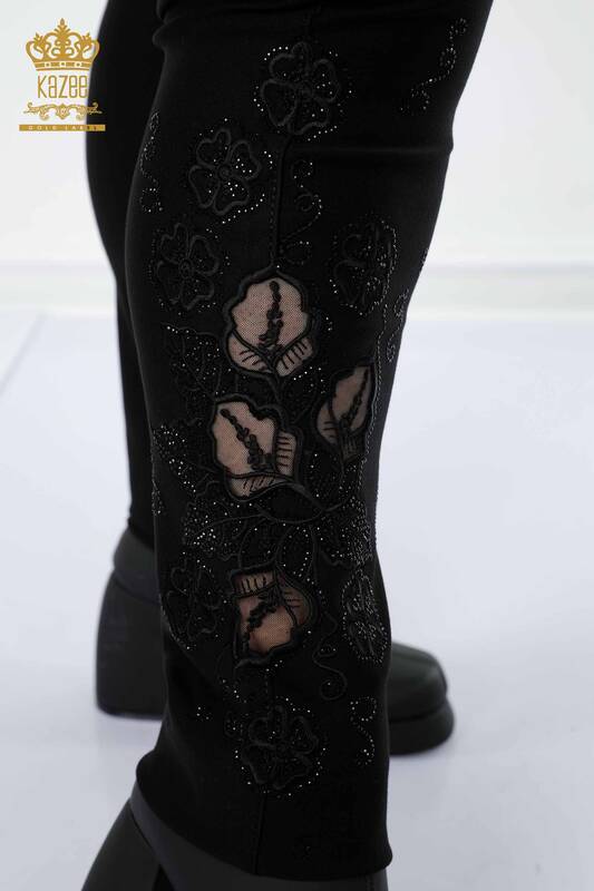 Toptan Kadın Tayt Pantolon Paça Tül Detaylı Siyah - 3578 | KAZEE