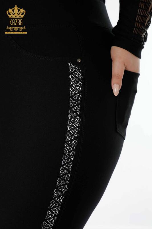 Toptan Kadın Tayt Pantolon Şerit Desenli Taş İşlemeli Siyah - 3585 | KAZEE