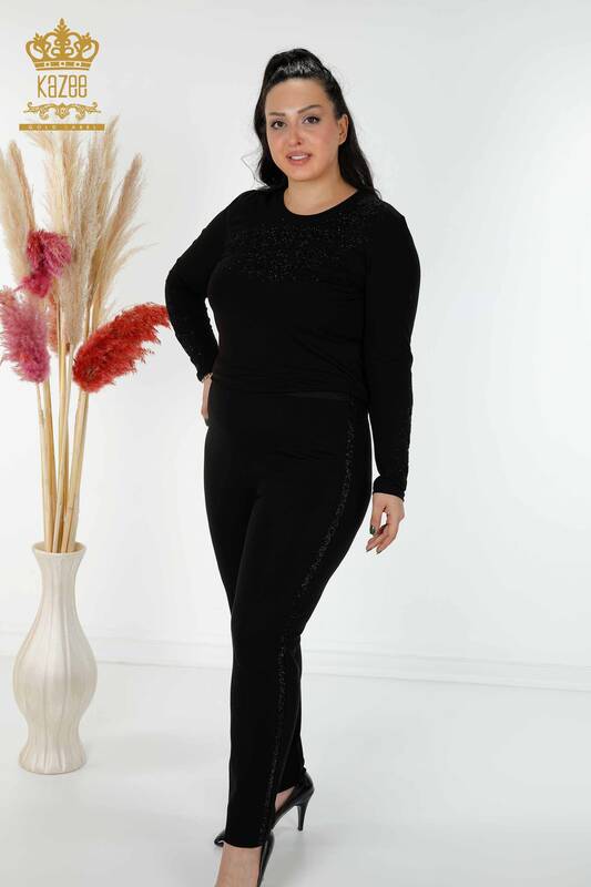 Toptan Kadın Tayt Pantolon Şerit Kristal Taş İşlemeli Siyah - 3462 | KAZEE