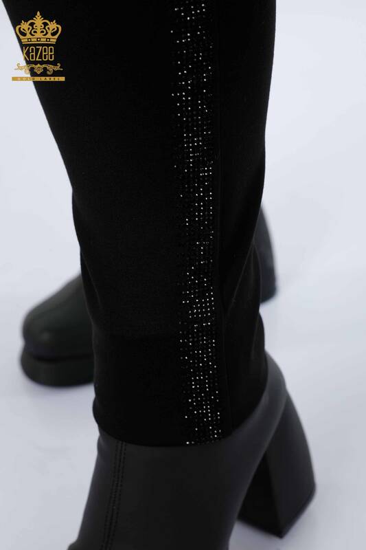 Toptan Kadın Tayt Pantolon Şerit Taş İşlemeli Siyah - 3469 | KAZEE