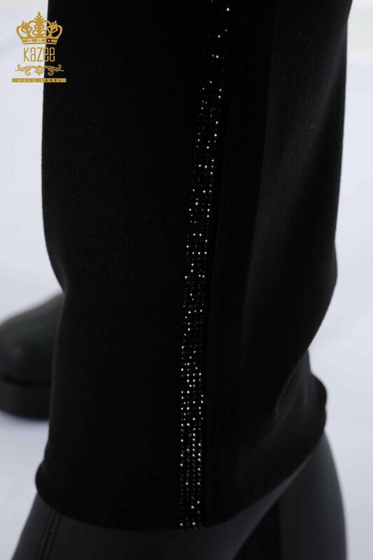 Toptan Kadın Tayt Pantolon Şerit Taş İşlemeli Siyah - 3558 | KAZEE