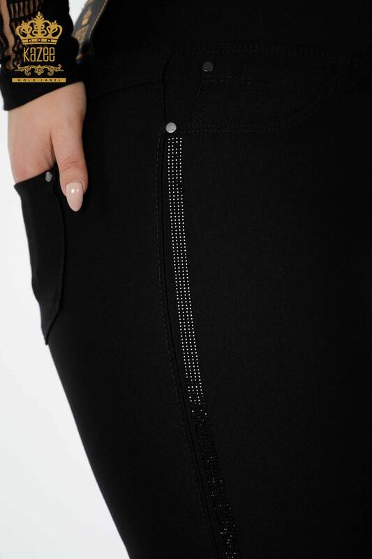 Toptan Kadın Tayt Pantolon Şerit Taş İşlemeli Siyah - 3558 | KAZEE