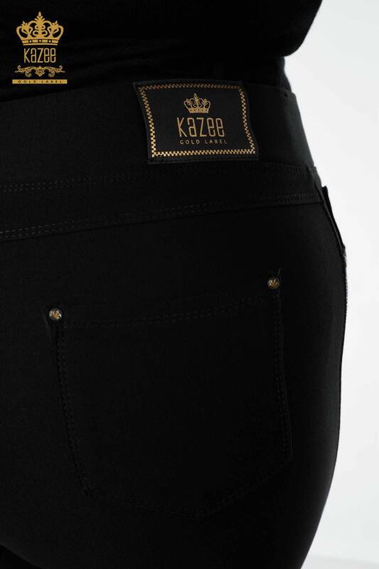 Toptan Kadın Tayt Pantolon Şerit Taş İşlemeli Siyah - 3584 | KAZEE