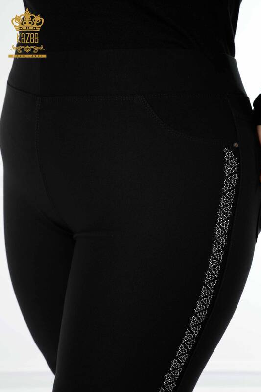 Toptan Kadın Tayt Pantolon Şerit Taş İşlemeli Siyah - 3595 | KAZEE
