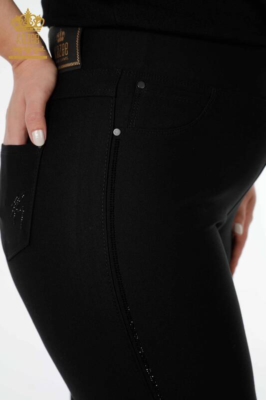 Toptan Kadın Tayt Pantolon Şerit Taş İşlemeli Siyah - 3597 | KAZEE